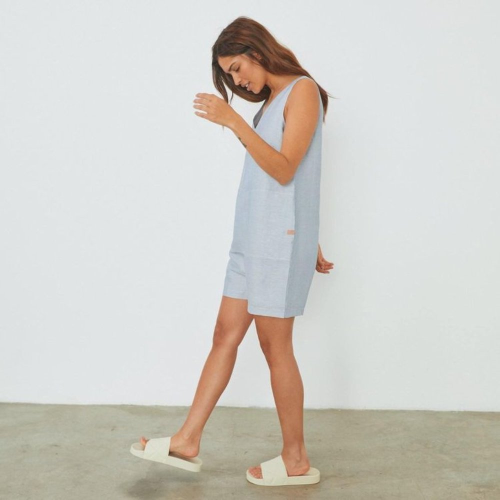 Lunya Resort Linen Silk Romper Pin Stripe Stripe Size Small